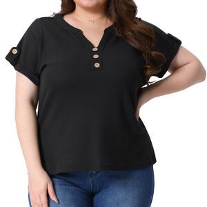 Plus Size Waffle Loose Short Sleeve V Neck Summer Casual Blouse Black